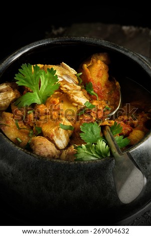 Creatively lit bowl of cooked Indian chicken curry with coriander garnish against a rustic background. The perfect image for your indian menu cover design.