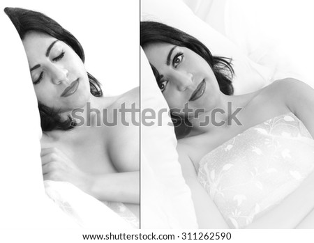 Dual image of a beautiful Indian girl wrapped in white Nottingham lace looking content and sleeping. Copy space.