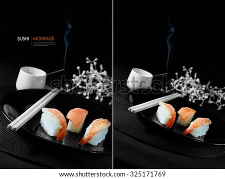 Dual montage of fresh Japanese sushi with chop sticks, burning incense and white flowers against a black background. Generous accommodation for copy space.