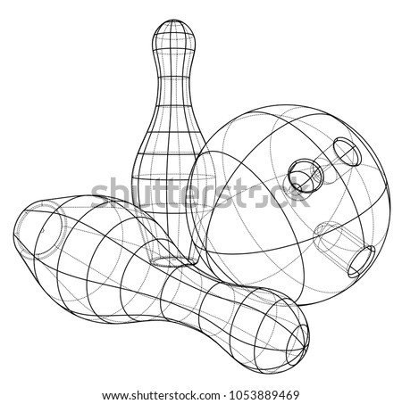 Bowling skittles and ball outline. Vector rendering of 3d. Wire-frame style. The layers of visible and invisible lines are separated