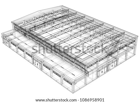 Warehouse sketch. Vector rendering of 3d. Wire-frame style. The layers of visible and invisible lines are separated