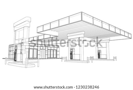 Gas Station. Vector rendering of 3d. Wire-frame style. The layers of visible and invisible lines are separated