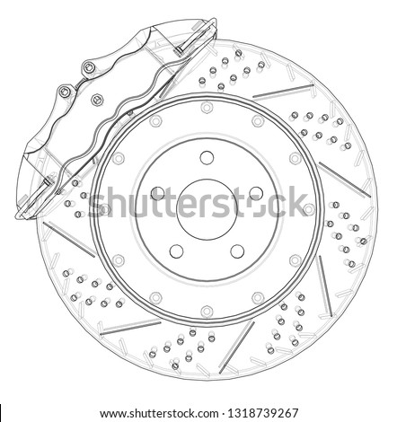 Brake disc outline. Vector rendering of 3d. Wire-frame style. The layers of visible and invisible lines are separated