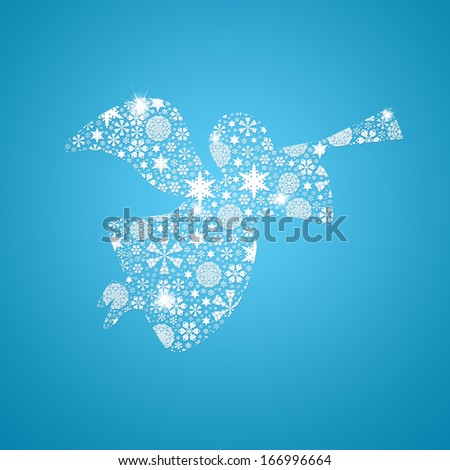 Angel silhouette filled with snowflakes. Christmas card