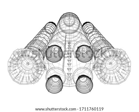 Space rocket concept outline. Vector rendering of 3d. Wire-frame style. The layers of visible and invisible lines are separated