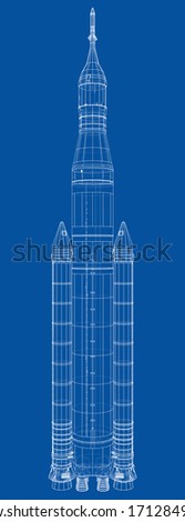 Space rocket concept outline. Vector rendering of 3d. Wire-frame style. The layers of visible and invisible lines are separated