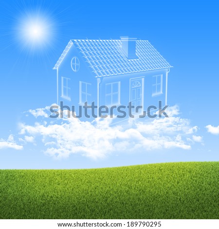 House of clouds in the sky over green grass. Dreams concept