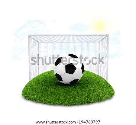 Soccer ball and gate on plot of green grass. Sport background