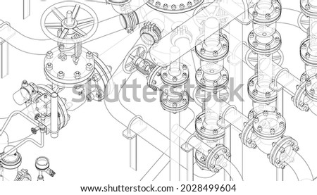 Valves and other industrial equipment. Vector rendering of 3d. Wire-frame style. The layers of visible and invisible lines are separated. Orthography