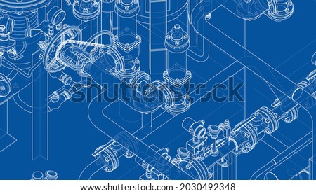 Valves and other industrial equipment. Vector rendering of 3d. Wire-frame style. The layers of visible and invisible lines are separated. Orthography Foto stock © 