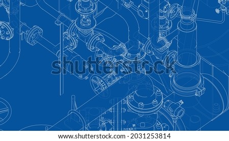Valves and other industrial equipment. Vector rendering of 3d. Wire-frame style. The layers of visible and invisible lines are separated. Orthography