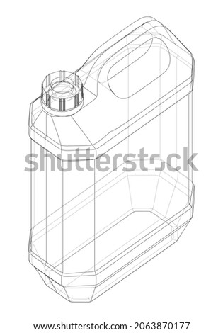 Engine oil in typical container. Vector rendering of 3d. Wire-frame style. The layers of visible and invisible lines are separated. Orthography or isometric