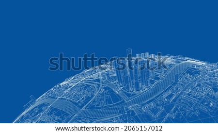 3d city sphere. Vector rendering of 3d. Wire-frame style. The layers of visible and invisible lines are separated