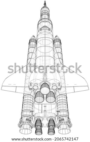 Rocket carrying space shuttle. Vector rendering of 3d. Wire-frame style. Elements of this image furnished by NASA