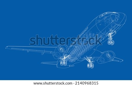 Airplane in wire-frame style. Vector rendering of 3d