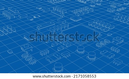 Electric circuit board, various chips and electronic components. Vector rendering of 3d. Wire-frame style. The layers of visible and invisible lines are separated