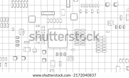 Electric circuit board, various chips and electronic components. Outline drawing or sketch of CPU on circuit board. Vector rendering of 3d