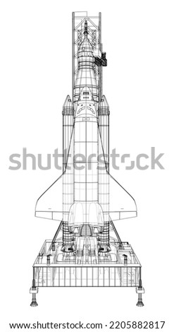 Space Rocket on launch pad. Vector rendering of 3d. Wire-frame style. Elements of this image furnished by NASA. The layers of visible and invisible lines are separated