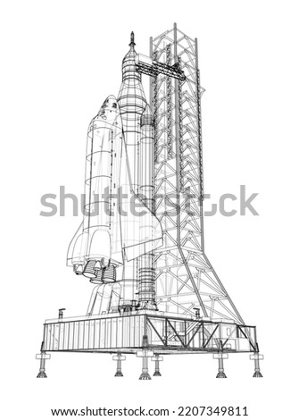 Space Rocket on launch pad. Vector rendering of 3d. Wire-frame style. Elements of this image furnished by NASA. The layers of visible and invisible lines are separated