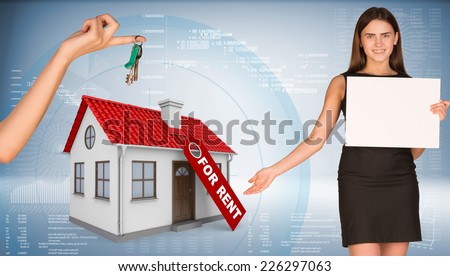 Businesswoman holding empty paper and showing house. Hand giving house key. Business concept