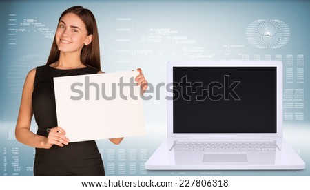 Businesswoman hold paper sheet. Open laptop with empty screen stands next. Graphs as backdrop