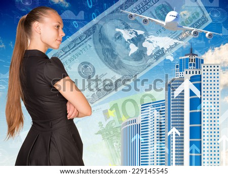Beautiful businesswoman in dress with crossed arms. Rear view. Buildings, money, airplane and world map as backdrop