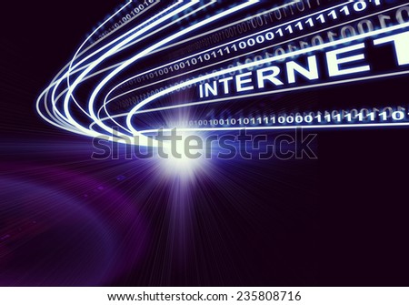 Stream of light beams with inscribed binary code and word internet, on dark background. Communication concept.