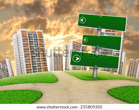 Blank route pointer out of upright, by footpath crossroad, three green boards point right, left and strait ahead, against high-rise buildings, on sunset. Curved Earth