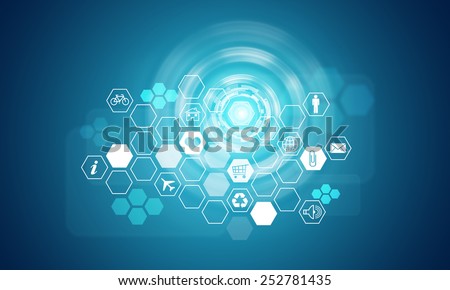 Glow circles with honeycomb shaped icons, on blue background