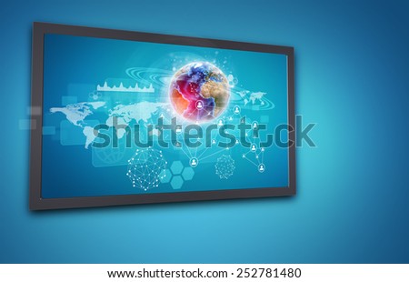 Touchscreen display with Globe, network of person icons and other elements, on blue background. Element of this image furnished by NASA