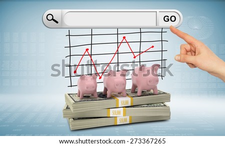 Bundle of money, pointer finger, search field and money boxes on abstract blue background with numbers and graphical chart