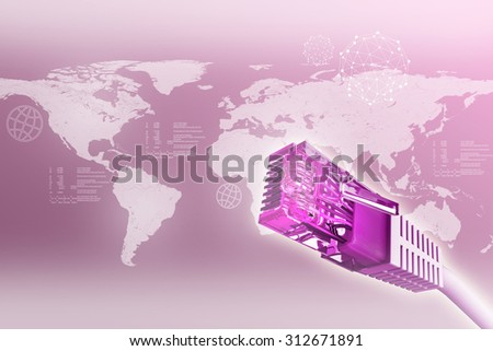 Computer cables on abstract purple background with world map