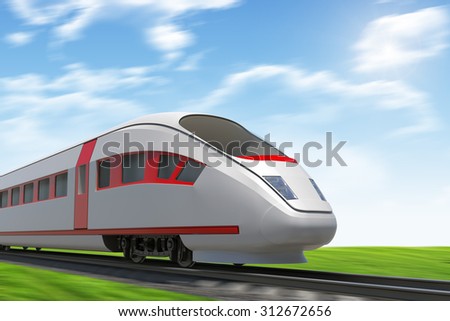Train moving on rail-tracks on nature background, side view