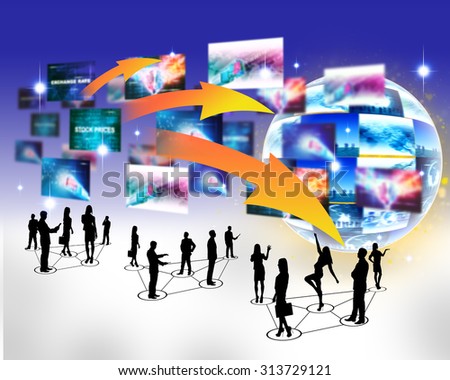 Business peoples silhouettes with holographic screens background