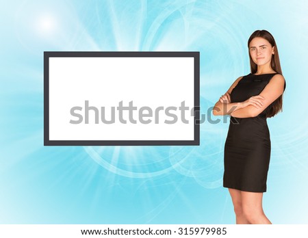 Happy business lady in black dress on abstract background with empty square shape place