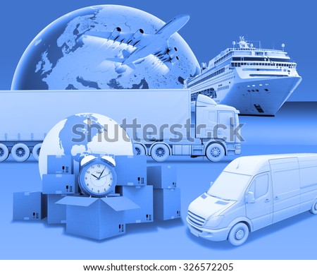 Transport with alarm clock and earth on abstract blue background. Elements of this image furnished by NASA