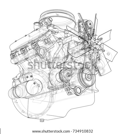 Engine sketch. Vector rendering of 3d. Wire-frame style