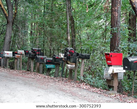CALIFORNIA STATE ROUTE 236 , CA - NOVEMBER 15, 2012:   Mailboxes Lined Up On Side of Rural Road