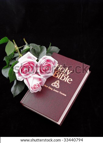 holy bible king james version and three pink roses on black background