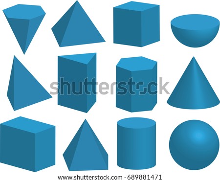 Basic 3d geometric shapes. Cube, prism, pyramid, tetrahedron, polyhedron, sphere, cylinder, cone, Solids isolated on a white background.