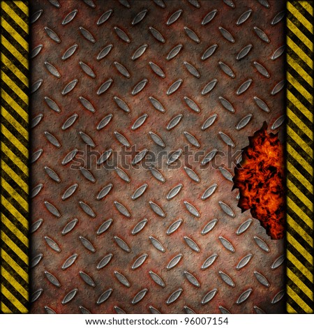 Grudge and rusted diamond metal background with hole over fire, hot lava or melted metal with warning stripes