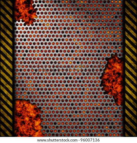 Perforated metal background with holes and warning stripes over fire, hot lava or melted metal