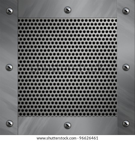 Brushed aluminum frame bolted to a perforated metal background