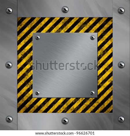 Brushed aluminum frame and plate bolted to a warning stripe background