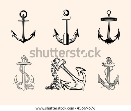 Set of hand-drawn vector one-color anchors. Good for logo development, vinyl, tattoo, etc.