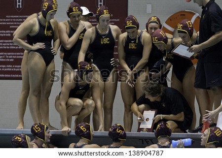 BOSTON - 12 MAY: The University of Southern California squad in a time out at the NCAA Women\'s Division 1 championship Water Polo game in Boston, Massachusetts, 12 May 2013