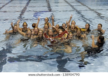 BOSTON - 12 MAY: The University of Southern California squad cheering after winning the NCAA Women\'s Division 1 championship Water Polo game in Boston, Massachusetts, 12 May 2013