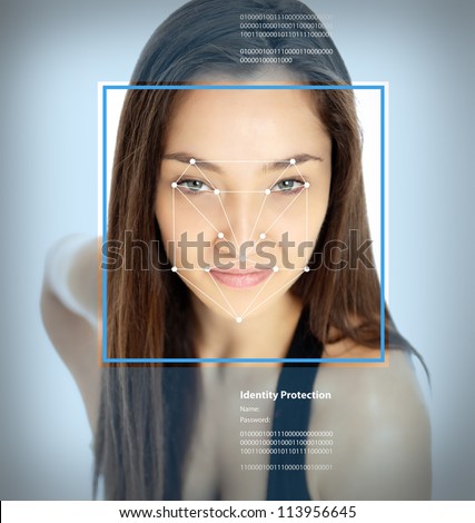 Female face with lines from a facial recognition software