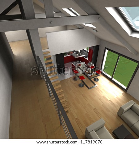 3D rendering on an open plan kitchen viewed from upstaris
