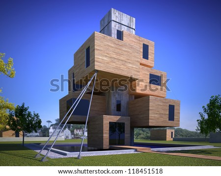 3D rendering of a futuristic house formed by cubes